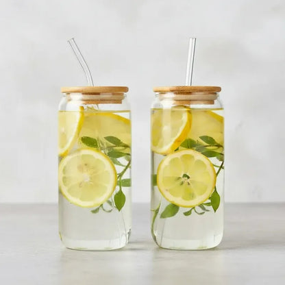 Set 2 Vasos Vidrio Cristalino 630ml Bombilla Vidrio Rigido Set 2 Vasos Vidrio Transparente Tapa Bambu Bombilla Vidrio Reutilizable Apto Lavavajillas Estilo Vintage Hogar Cocina Transparente