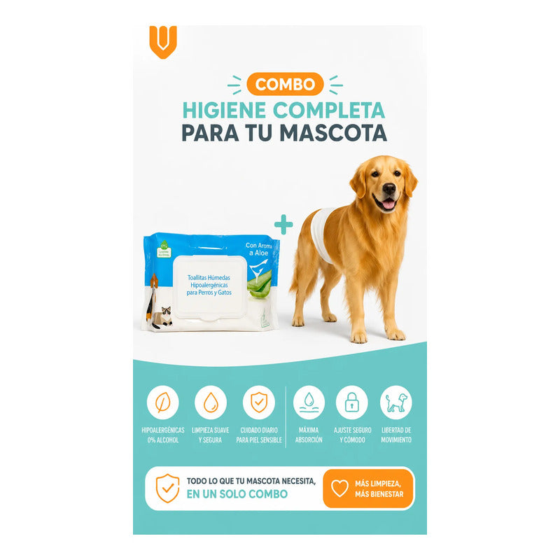 Combo Pañales Perro Macho M 12und + Toallas Humedas 50und Blanco Principal Combo Higiene Mascota Pañales Absorbentes Toallas Húmedas Perro Gato Limpieza Diaria Presentación Clara M