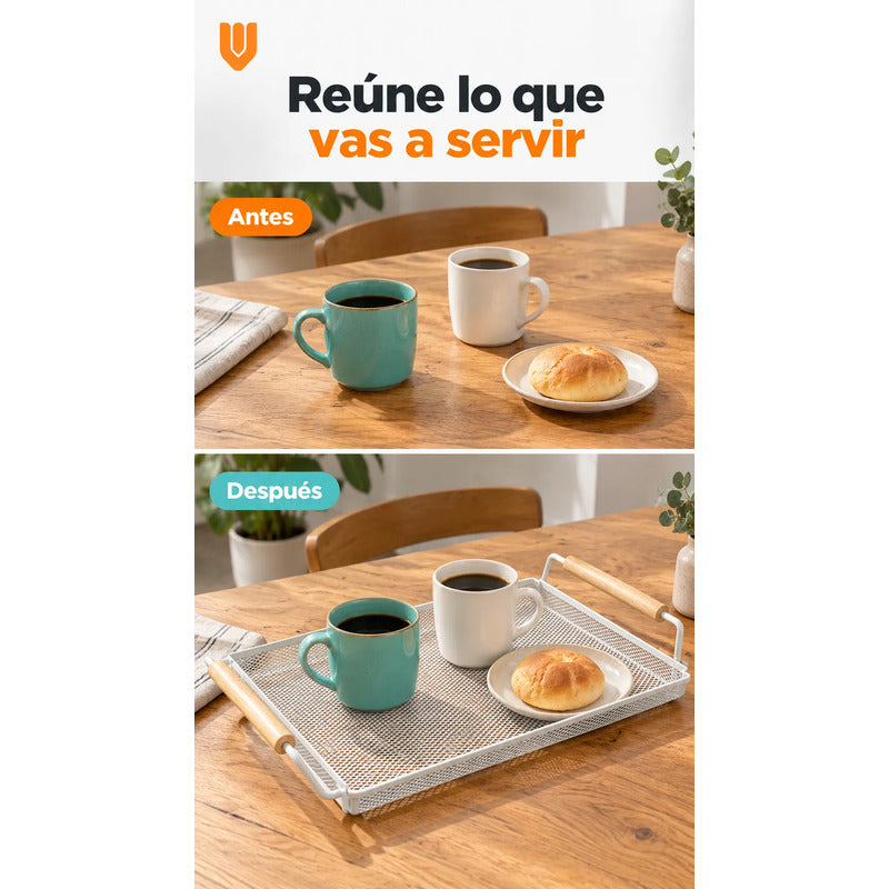 Bandeja Rectangular Metal Blanca Asas Madera Desayuno 44cm Blanco Bandeja Rectangular Malla Metal Asas Madera Base Calada Borde Elevado Servicio Desayuno Once Café Cocina Comedor 44cm-color Blanco