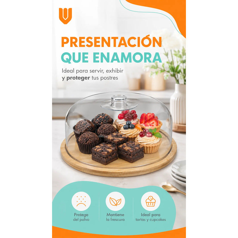 4 Bases Torta Porta Cupcakes Soporte Transportador Dulces Bambú Natural Base Madera Clara Tapa Acrílico Transparente Sin Bolita Superior Porta Torta Cupcakes Dulces Eventos Hogar
