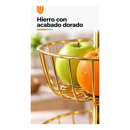 Frutero Mesa Hierro Dorado 2 Niveles 43cm Canasto Cestas Dorado Frutero Doble Dorado Dos Niveles Cestas Circulares Abiertas Soporte Central Argolla Superior Alto 43cm Diseño 43x28