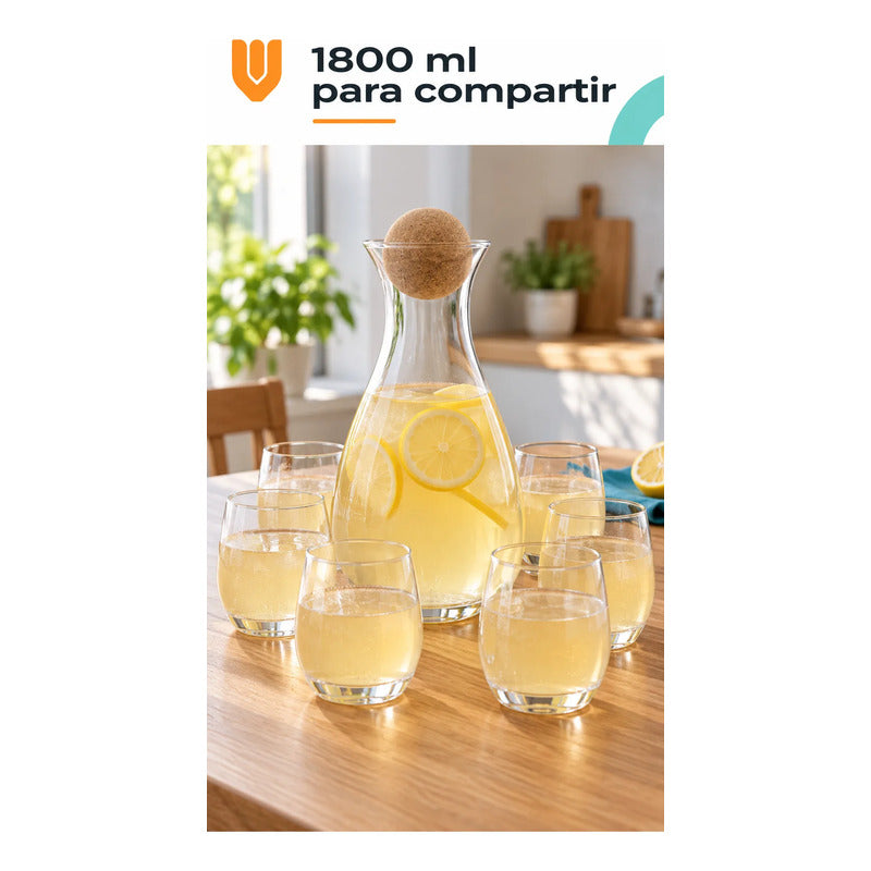 Jarra Vidrio 1800ml Jugo Tapa Corcho 6 Vasos 400 Ml Transparente Jarra Agua Jugo Vidrio Transparente Vasos Curvos Set 1800 Ml 400 Ml Tapón Bola Corcho Cocina Comedor 1800ml