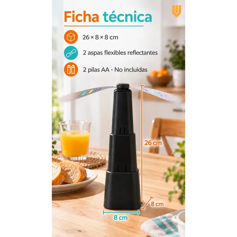 Ventilador Espanta Moscas Mosquitos Portatil Silencioso Negro Espantamoscas Portátil Mesa Ahuyentador Moscas Aspas Suaves Reflectantes Negro 2 Pilas Aa Cocina Comedor Terraza