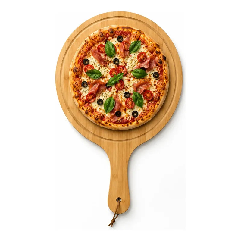 Tabla Bambu Pizza Picoteo Redonda Uso Hogar Cocina Resistent Bambú Natural Gourmet Artesanal Cocina Elegante Minimalista Rustico Premium Presentacion Pizza Picoteo Marron Natural Bambú Madera...