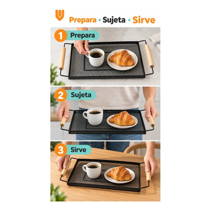 Bandeja Rectangular Metal Negro Asas Madera Desayuno 44cm Negro Bandeja Rectangular Malla Metal Asas Madera Base Calada Borde Elevado Servicio Desayuno Once Café Cocina Comedor 44cm-color Negro