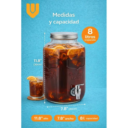 2 Dispensadores Jugo Agua Bebidas Frasco Vidrio Hogar 8l Dispensador Bebidas Vidrio 8l Canilla Plastico 30cm Altura 14cm Diametro 2kg Transparente Fiestas Hogar Mesa Servicio Jugo Agua