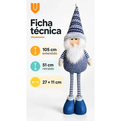 Muñeco Pascuero Navideño 105cm Retraible Decorativo Figura Blanco Pascuero Azul Muñeco Navideño Retráctil Patas Rayadas Altura Ajustable Gorro Nórdico Barba Blanca Decoración 105cm Pascuero Retraible