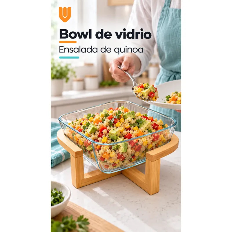 Bowl Vidrio Ensaladera Cuadrada Base Madera Bambu 20cm Transparente Base Bambu Bowl Cuadrado Vidrio Transparente Base Bambú Natural Soporte Cruzado Ensaladera Mesa Cocina 20cm
