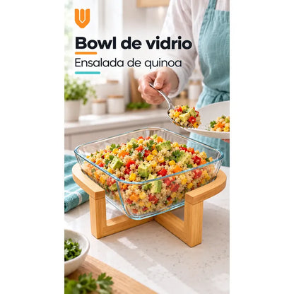 Bowl Vidrio Ensaladera Cuadrada Base Madera Bambu 20cm Transparente Base Bambu Bowl Cuadrado Vidrio Transparente Base Bambú Natural Soporte Cruzado Ensaladera Mesa Cocina 20cm