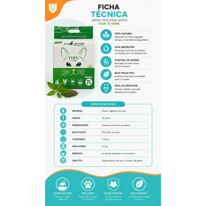 Arena Gatos Aglutinante Sanitaria Tofu Te Verde 2.6kg Clean Arena Sanitaria Tofu Te Verde 7 Litros Aglomerante Biodegradable Absorcion Control Olores 99 Porciento Libre Polvo Gatos - 2.6kg
