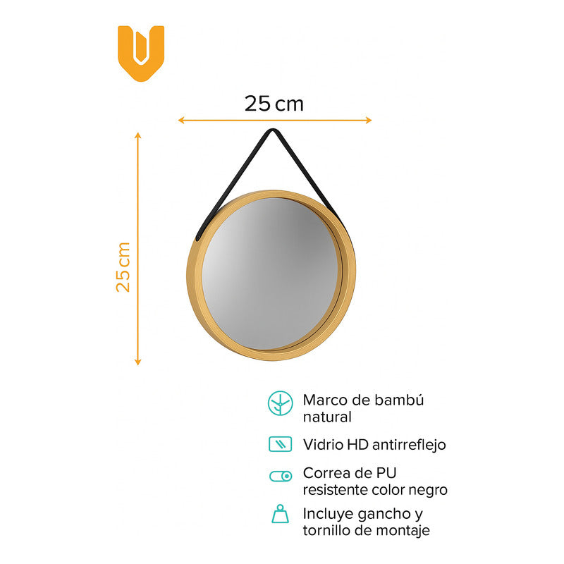 Espejo Redondo Colgante Bambu Decorativo Espejo Pared 25 Cm Bambú