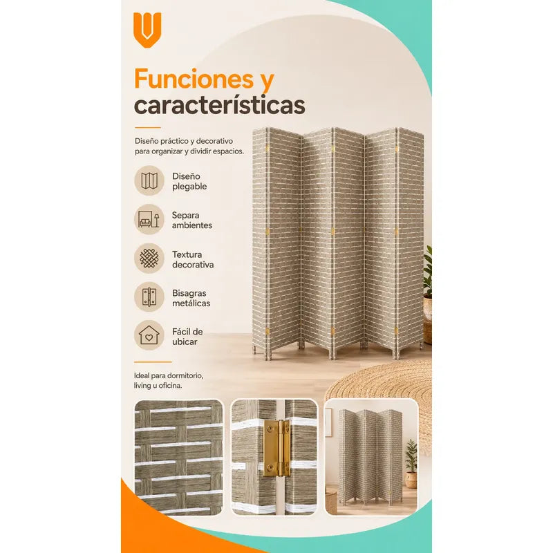 Biombo Separador Plegable Living Dormitorio Oficina 180 Cm Tejido Geométrico Trenzado Natural Líneas Horizontales Paneles Plegables Decoración Moderna Interior Elegante Premium Beige Arena Gris...