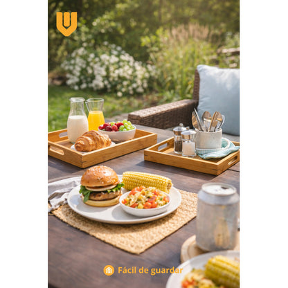 Bandejas Bambú Set 3 Rectangulares Cocina Servir Comida Bambú