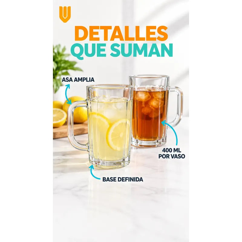 Pack 2 Vasos Vidrio Cerveza Asa 400ml Transparente Shoperos Vasos Vidrio Con Asa 400ml Pack 2 Jarros Cerveceros Transparentes Cerveza Jugo Agua Té Café Frío Relieve Mesa Cocina 400ml