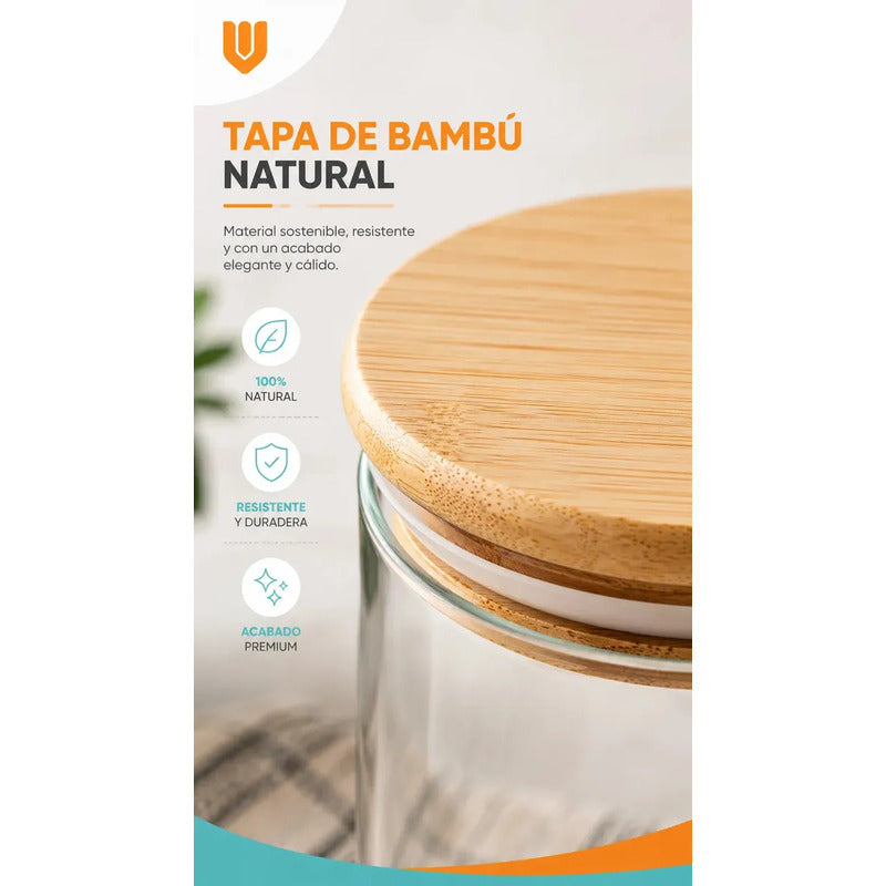 Frasco Vidrio Cocina Hermetico Cilindrico Tapa Bambu 250 Ml 8 Unidades