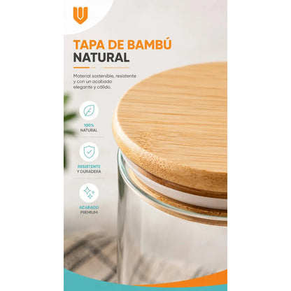 Frasco Vidrio Cocina Hermetico Cilindrico Tapa Bambu 250 Ml 8 Unidades