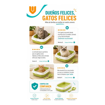 Arenero Gato Bandeja Arena Borde Alto Higiene Facil Pala Mul Verde