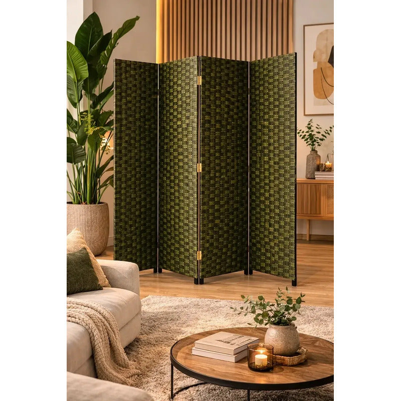Biombo Separador Ambientes Tela 180cm 4 Paneles Geometrico Verde Naturaleza Intenso Estilo Moderno Decoracion Interior Hogar Oficina Biombo Divisor Ambientes Patron Geometrico Moderno Panel...