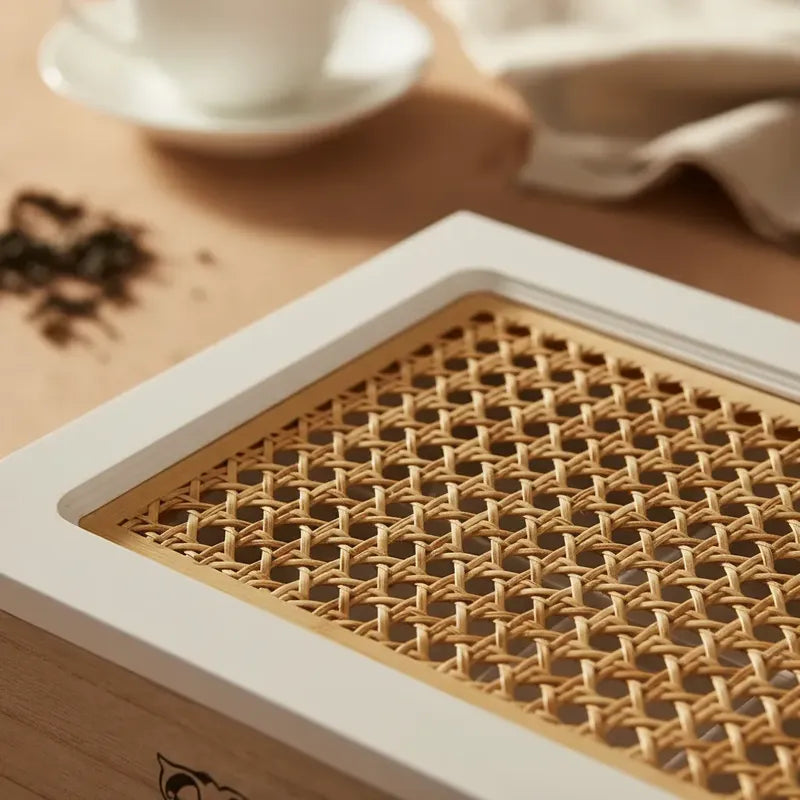 Caja Te Madera 6 Compartimentos Tapa Tejida Bambu Cocina Tono Madera Oscura Natural Acabado Elegante Estilo Nordico Moderno Decorativo Vetas Visibles Premium Cocina Hogar Estetica Calida