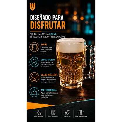 12 Vasos Cerveceros Calavera Vidrio Shopero Premium Bar Transparente