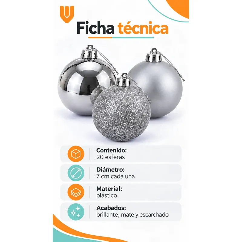 20 Esferas Navidad Adorno Bolas Decorativas 7cm Plateado Esferas Navideñas Doradas Pack 20 Plateado Esferas Navideñas Bolas... 7cm