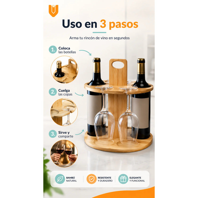 Rack Soporte Porta Vino Copas Organizador Madera Bambu Mader Bambú Mediano