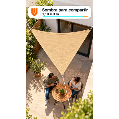 Toldo Vela Triangular Lona Tipo Yute 110x300 Cm 3 Cuerdas Beige Arena Claro Dorado Suave Tonalidad Cálida Bordes Costuras Al Tono Cintas Cuerdas Blancas Argollas Plateadas 110x300 Cm
