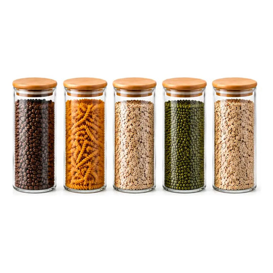 Frasco Vidrio Hermetico Bambu Conservero Hogar Cocina 300 Ml 5 Unidades Transparente Natural Bambú Cristal Claro Minimalista Cocina Gourmet Organizacion Moderna Elegante Premium