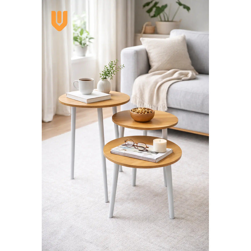 Set 3 Mesas Centro Redondas Bambu Diametro 40cm Altura 57cm Bambú