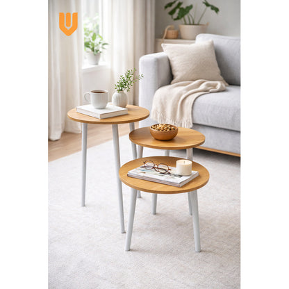 Set 3 Mesas Centro Redondas Bambu Living Minimalista Moderno Bambú