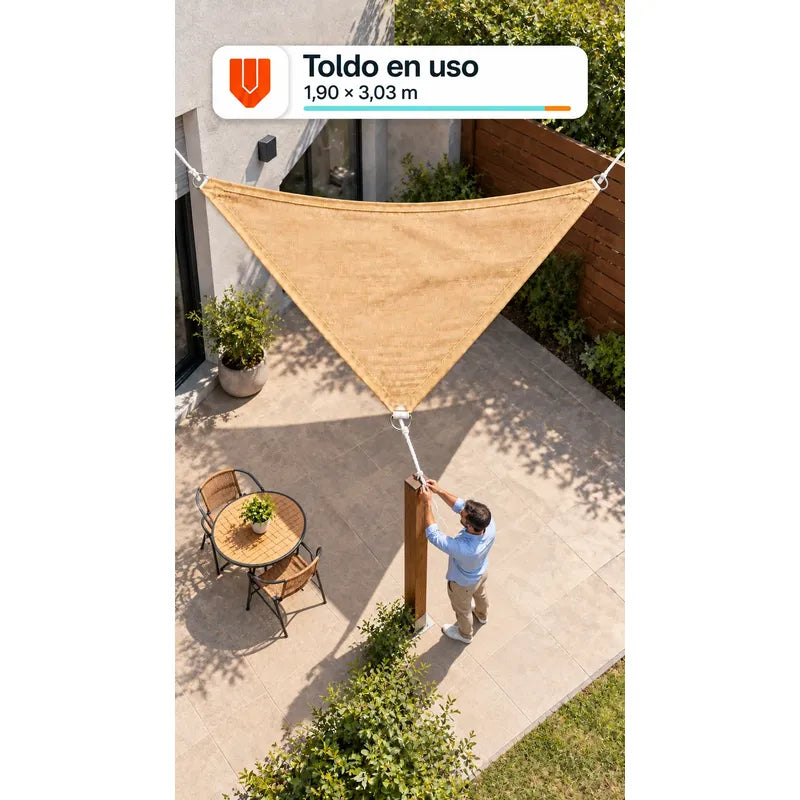Toldo Vela Sombra Lona Cubierta Terraza Jardín 1.90x3 Metros Beige Arena Claro Dorado Suave Tonalidad Cálida Bordes Costuras Al Tono Cintas Cuerdas Blancas Argollas Plateadas 1.90 Largo X 3.03 Metros