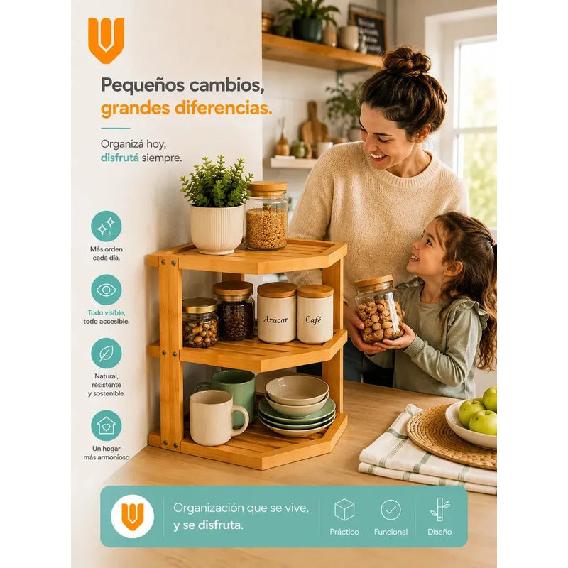 Almacenador 3 Niveñes Cocina Baño Espacios Reducidos Hogar M Marron Claro Bambu Natural Nordico Minimalista Elegante Moderno Cocina Baño Hogar Compacto Premium