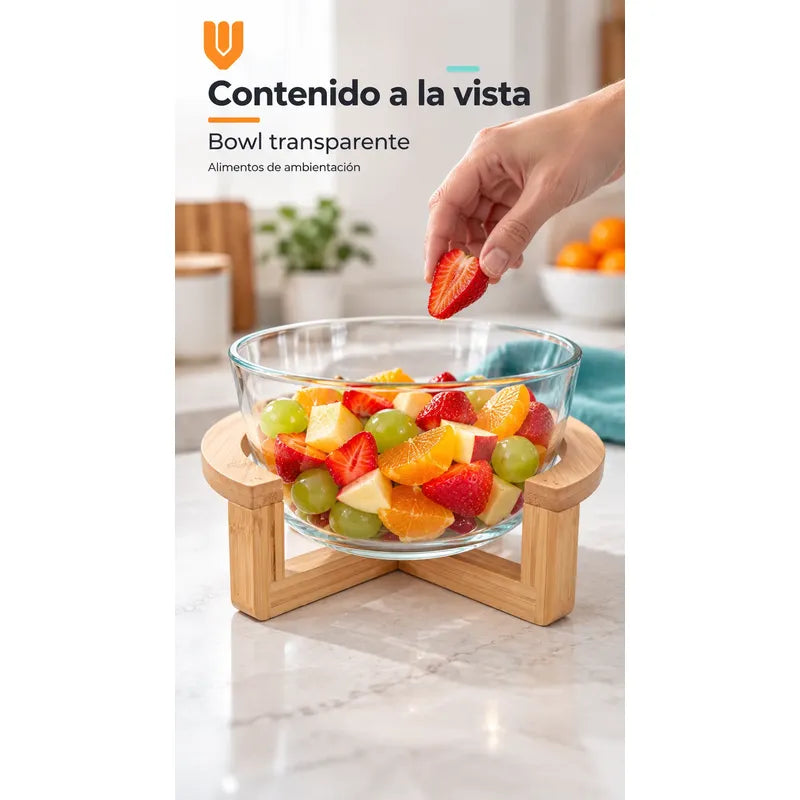 Bowl Vidrio Ensaladera Redonda Base Madera Bambu 18cm Transparente Base Bambu Bowl Redondo Vidrio Transparente Base Bambú Natural Soporte Cruzado Ensaladera Mesa Cocina 18cm