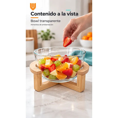 Bowl Vidrio Ensaladera Redonda Base Madera Bambu 18cm Transparente Base Bambu Bowl Redondo Vidrio Transparente Base Bambú Natural Soporte Cruzado Ensaladera Mesa Cocina 18cm