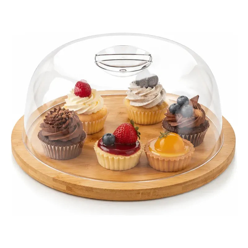 Porta Torta Bambú Tapa Acrílica Cupcakes Exhibición Soporte Bambú Natural Base Madera Clara Tapa Acrílica Transparente Torta Cupcakes Dulces Hogar Premium Ideal