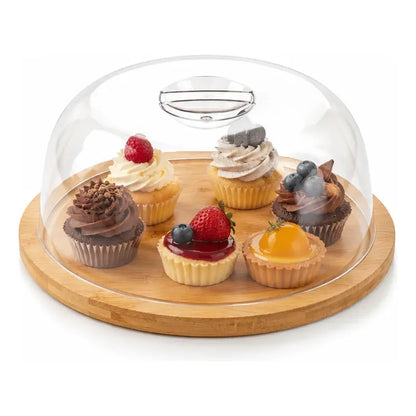 Porta Torta Bambú Tapa Acrílica Cupcakes Exhibición Soporte Bambú Natural Base Madera Clara Tapa Acrílica Transparente Torta Cupcakes Dulces Hogar Premium Ideal