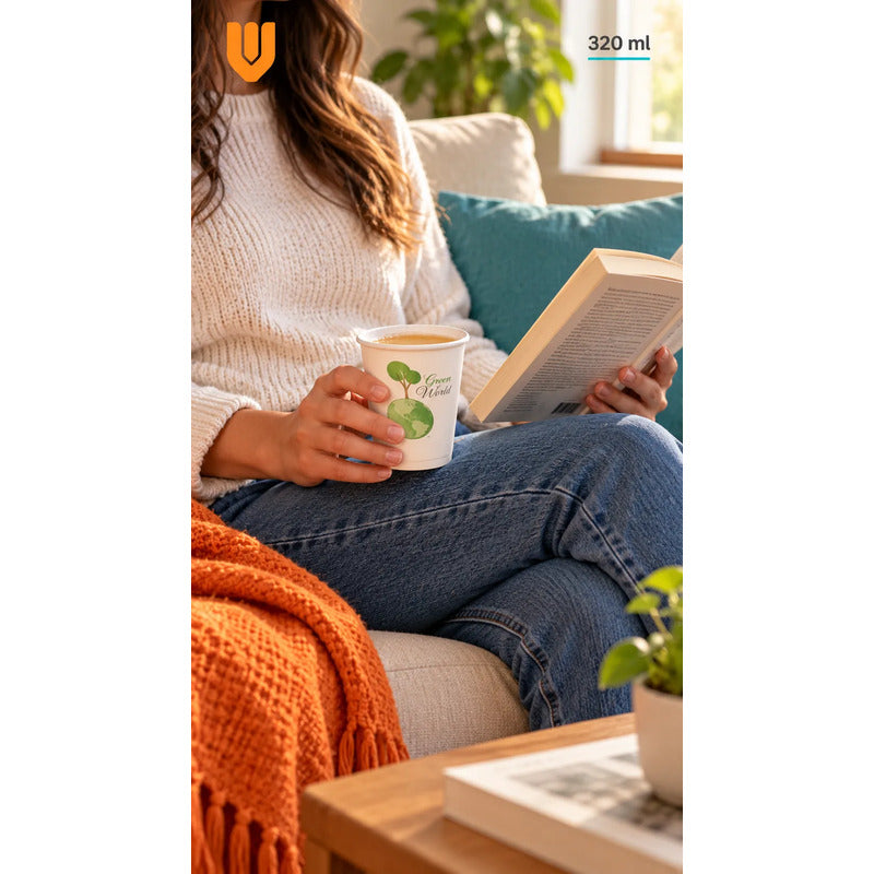 20und Vasos Carton Desechables 320ml Cafe Compostables Jugo Blanco Desechables Biodegradables 320 Ml 20 Unidades Blanco Estampado Verde Árbol Globo Terráqueo Apilables 20und-320ml