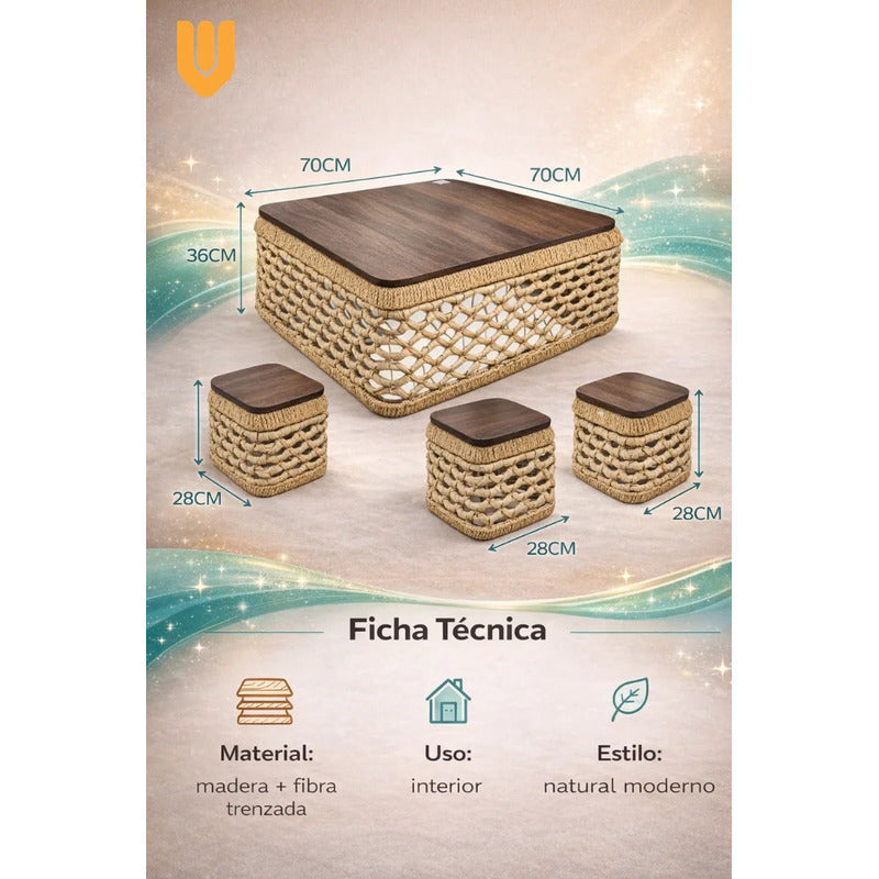 Mesas Centro Nido Ratan Puf 69x69x35 Bambú Madera Natural Marron Claro Natural Bambu Madera Tono Organico Acabado Mate Textura Ratan Visible Estilo Nordico Decoracion Hogar