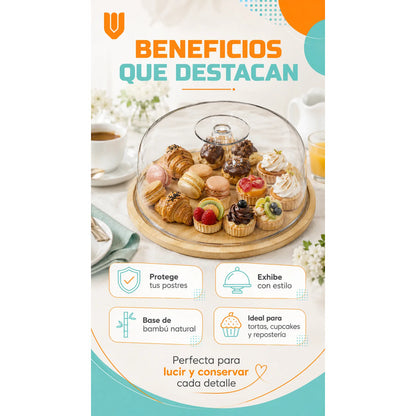 Base Torta Porta Cupcakes Soporte Transportador Dulces Bambú Natural Base Madera Clara Tapa Acrílico Transparente Sin Bolita Superior Porta Torta Cupcakes Dulces Eventos Hogar
