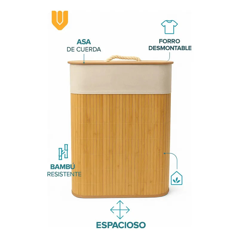 Canasto Ropa Bambu Tapa Cesto Organizador Baño Hogar30x40x50 Bambú Linea
