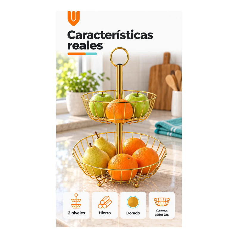 Frutero Mesa Hierro Dorado 2 Niveles 43cm Canasto Cestas Dorado Frutero Doble Dorado Dos Niveles Cestas Circulares Abiertas Soporte Central Argolla Superior Alto 43cm Diseño 43x28
