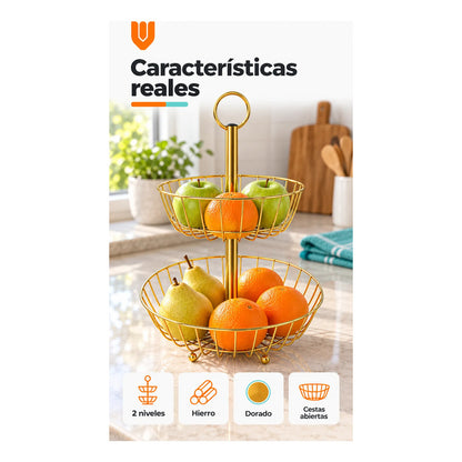 Frutero Mesa Hierro Dorado 2 Niveles 43cm Canasto Cestas Dorado Frutero Doble Dorado Dos Niveles Cestas Circulares Abiertas Soporte Central Argolla Superior Alto 43cm Diseño 43x28