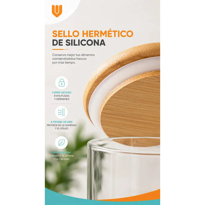 Frasco Vidrio Cocina Hermetico Cilindrico Tapa Bambu 250 Ml 8 Unidades