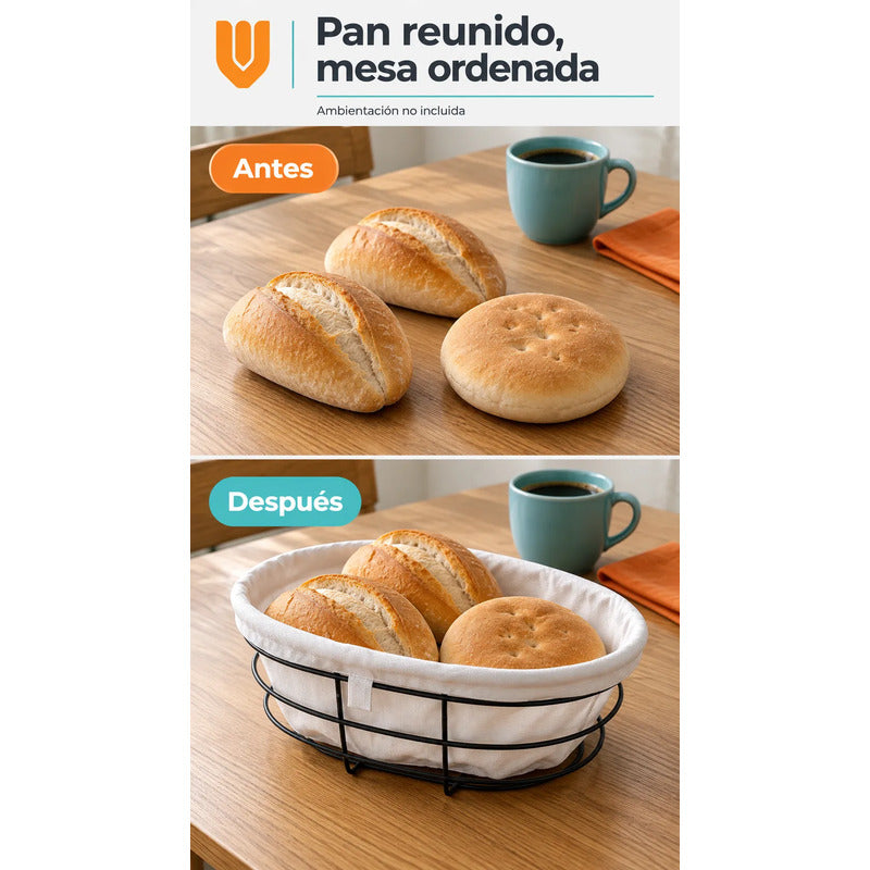 Panera Canasto Tela Ovalada 29cm Base Metal Servir Pan Blanco Panera Ovalada Canasta Pan Tela Metal Negro Borde Plegado Base... 29cm