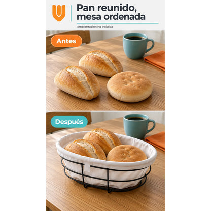 Panera Canasto Tela Ovalada 29cm Base Metal Servir Pan Blanco Panera Ovalada Canasta Pan Tela Metal Negro Borde Plegado Base... 29cm