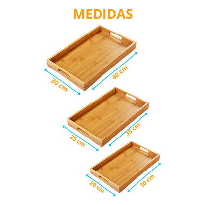 Bandejas Bambú Natural 3 Desayuno Mesa Servir Snacks Hogar Bambú