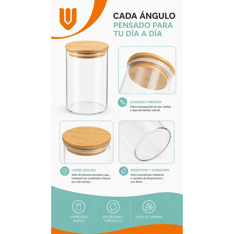 Frasco Vidrio Hermetico Bambu Conservero Hogar Cocina 500 Ml 8 Unidades Transparente Natural Bambú Cristal Claro Minimalista Cocina Gourmet Organizacion Moderna Elegante Premium