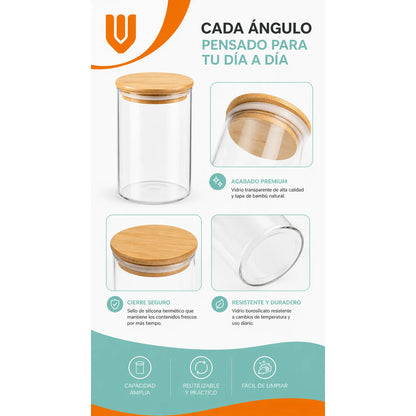 Frasco Vidrio Hermetico Bambu Conservero Hogar Cocina 500 Ml 10 Unidades Transparente Natural Bambú Cristal Claro Minimalista Cocina Gourmet Organizacion Moderna Elegante Premium