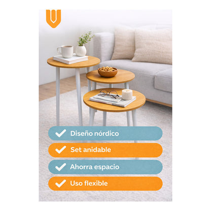 Set 3 Mesas Centro Redondas Bambu Living Minimalista Moderno Bambú