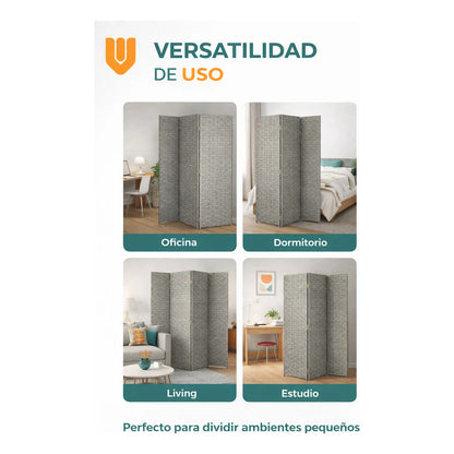 Biombo Divisor Oficina Ambientes Separador 4 Puertas 180 Cm Gris Claro Biombo Divisor Ambientes 4 Paneles 180 Cm Separador Oficina Hogar Plegable Geometrico Gris Claro Ratan Geometrico Ratan...